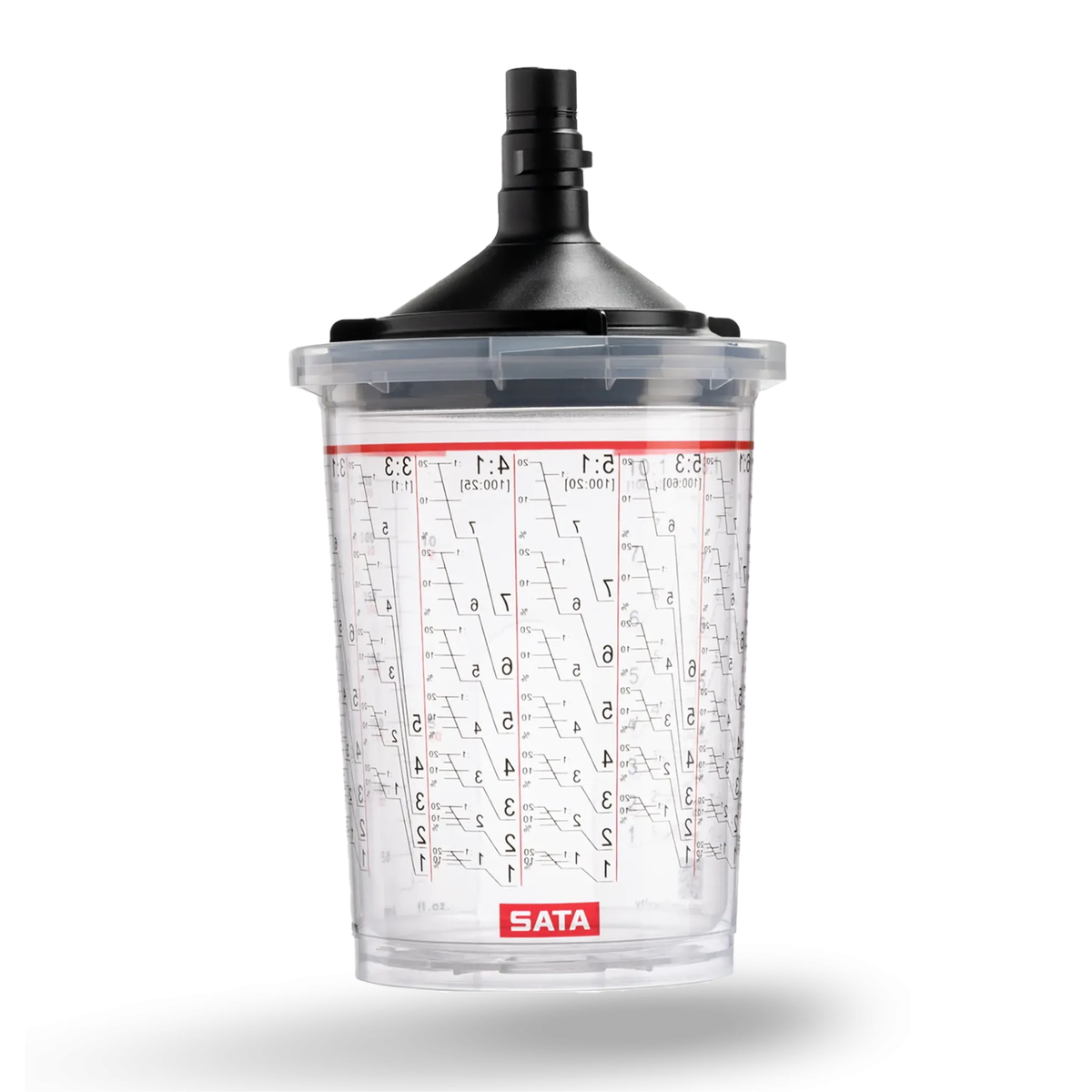 A clear plastic measuring cup with a black funnel top and red measurement markings, branded with the SATA logo on a white background.
