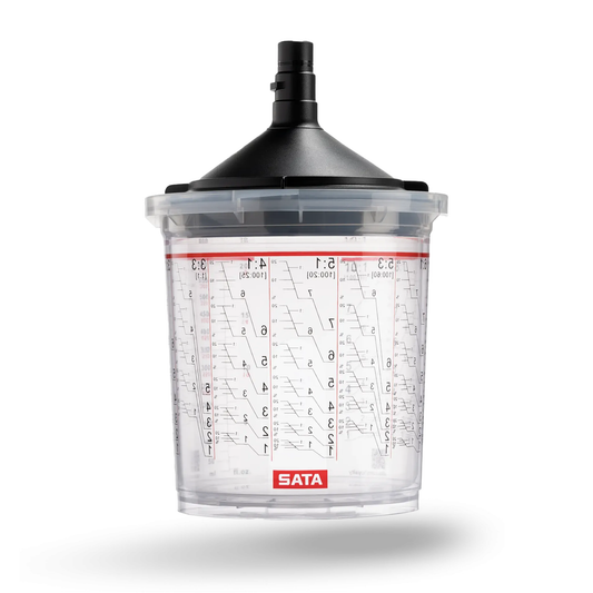 A clear plastic measuring cup with a black funnel top and printed measurement markings, branded with the red SATA logo, shown on a white background.
