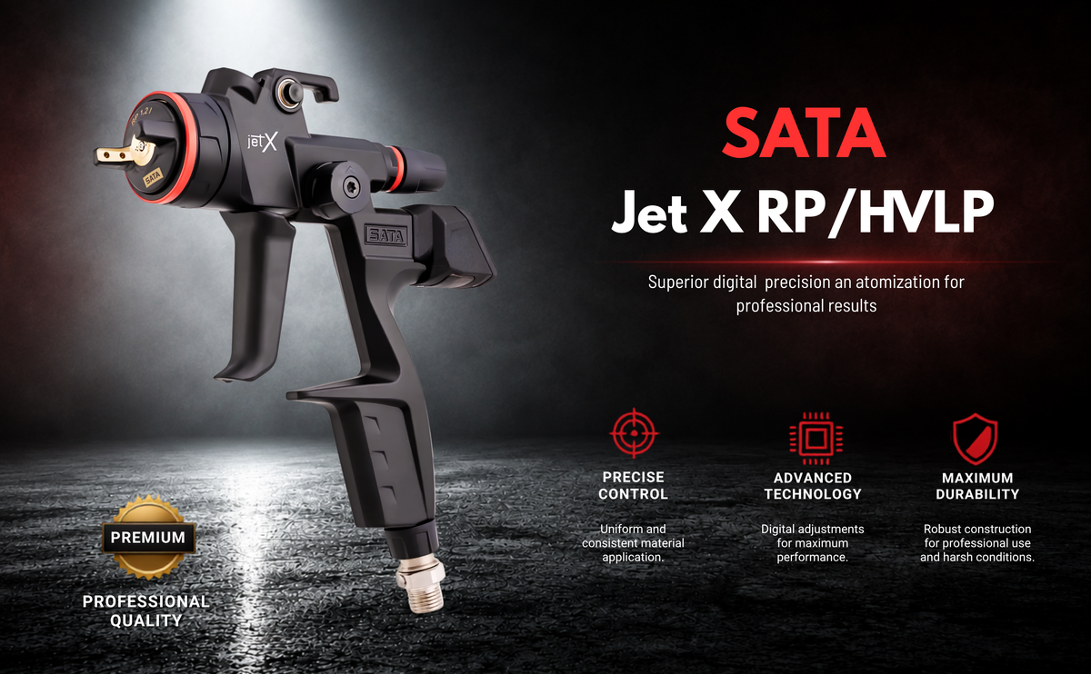 A black handheld atomizer spray gun with red accents and a silver nozzle, shown against a dark dramatic studio background. Large text reads 'SATA Jet X RP/HVLP', with smaller feature callouts for precise control, advanced technology, and maximum durability.