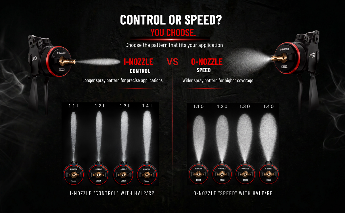 A comparison graphic for a pressure washer nozzle, titled 'CONTROL OR SPEED?'. It shows two black spray nozzles with red accents on a dark background, each spraying water in different patterns.
