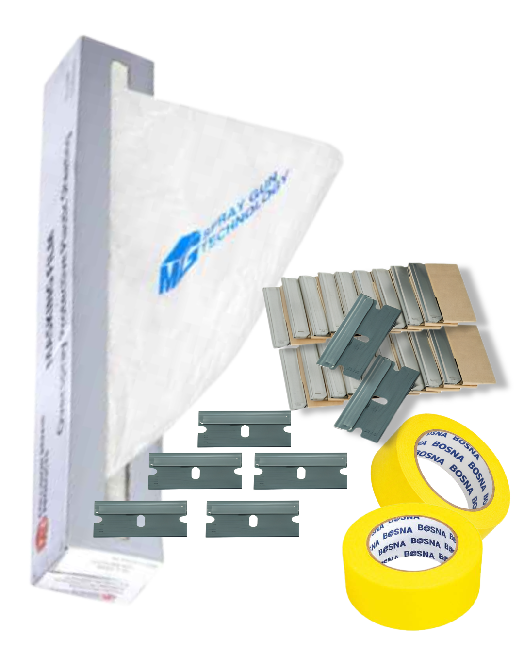MASKING FILM – Collision Repair Products,” a transparent plastic film partially unrolled, several single-edge razor blades scattered in front, and two rolls of yellow masking tape applied to a car panel for surface protection during refinishing