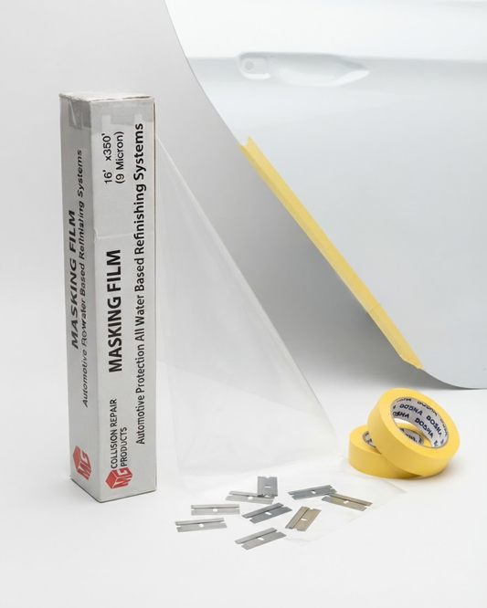 MASKING FILM – Collision Repair Products,” a transparent plastic film partially unrolled, several single-edge razor blades scattered in front, and two rolls of yellow masking tape applied to a car panel for surface protection during refinishing