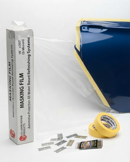 MASKING FILM – Collision Repair Products,” a transparent plastic film partially unrolled, several single-edge razor blades scattered in front, and two rolls of yellow masking tape applied to a car panel for surface protection during refinishing