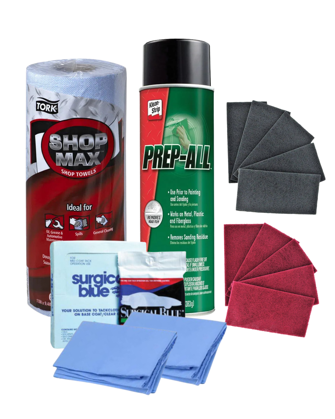 Surface preparation and cleaning kit displayed on a white background. The kit includes a roll of blue Tork ShopMax Shop Towels, a green and red PREP-ALL aerosol cleaner can, five gray abrasive pads, five red abrasive pads, Surgical Blue cleaning wipes in sealed packets, and several folded blue disposable wipes. The products are arranged together as a complete automotive paint preparation and surface cleaning package.