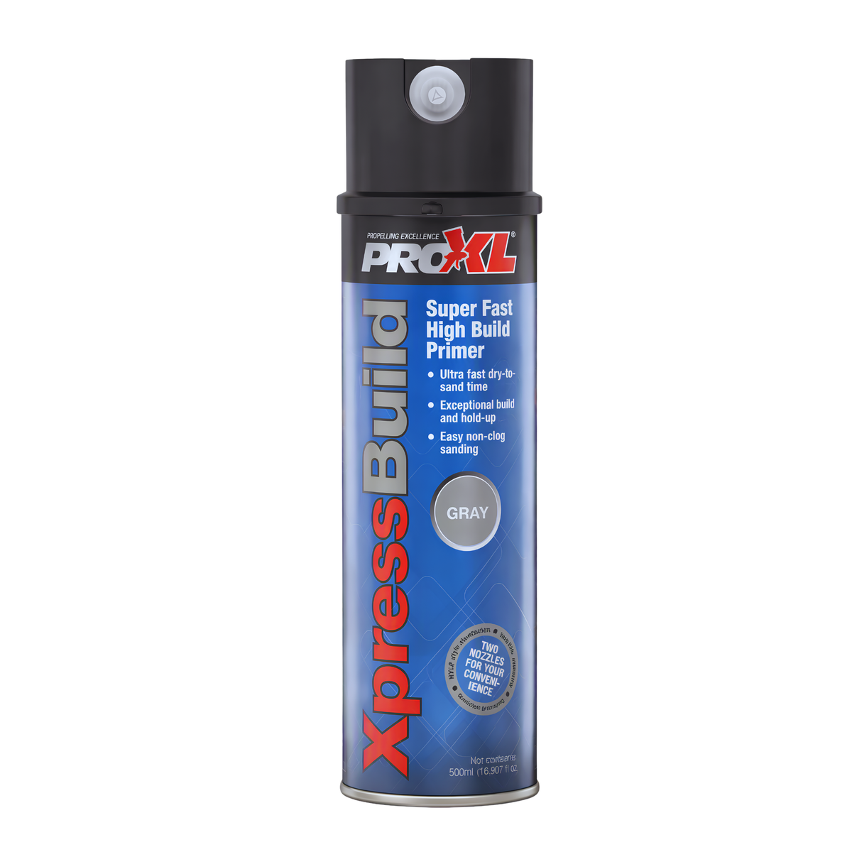 A 500ml aerosol can of ProXil XpressBuild Super Fast High Build Primer in Gray color, featuring a blue and silver label with red and white text, and a black spray cap, shown on a plain white background.