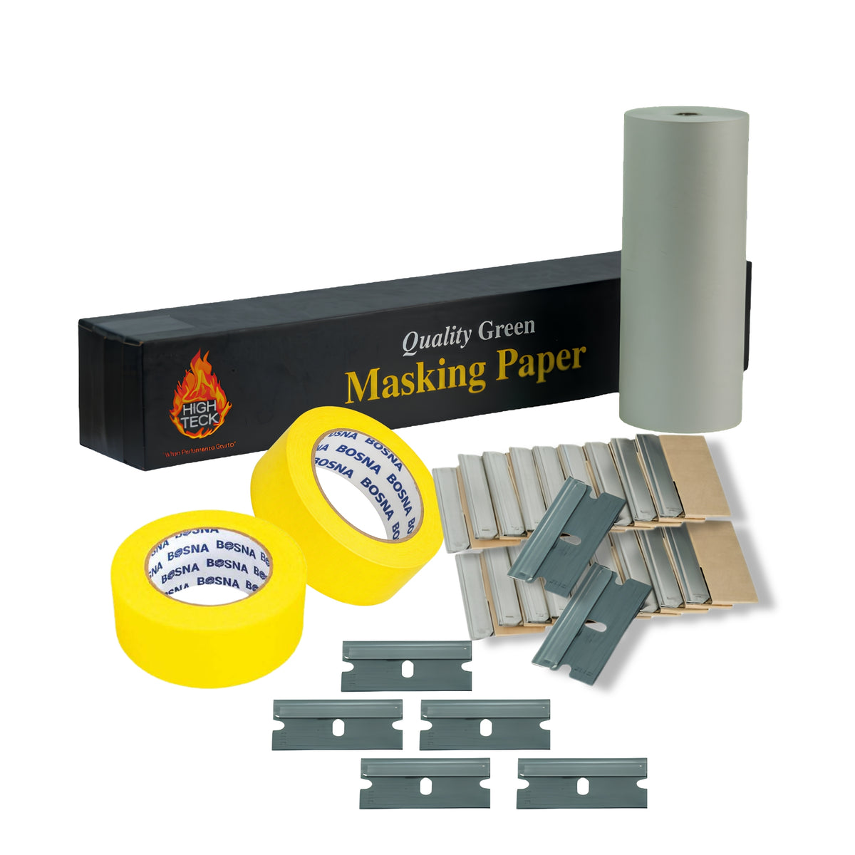 A masking paper kit on a white background, including a black box labeled 'Quality Green Masking Paper,' a roll of light gray masking paper, two rolls of bright yellow tape, several gray metal blades, and sheets of brown paper.