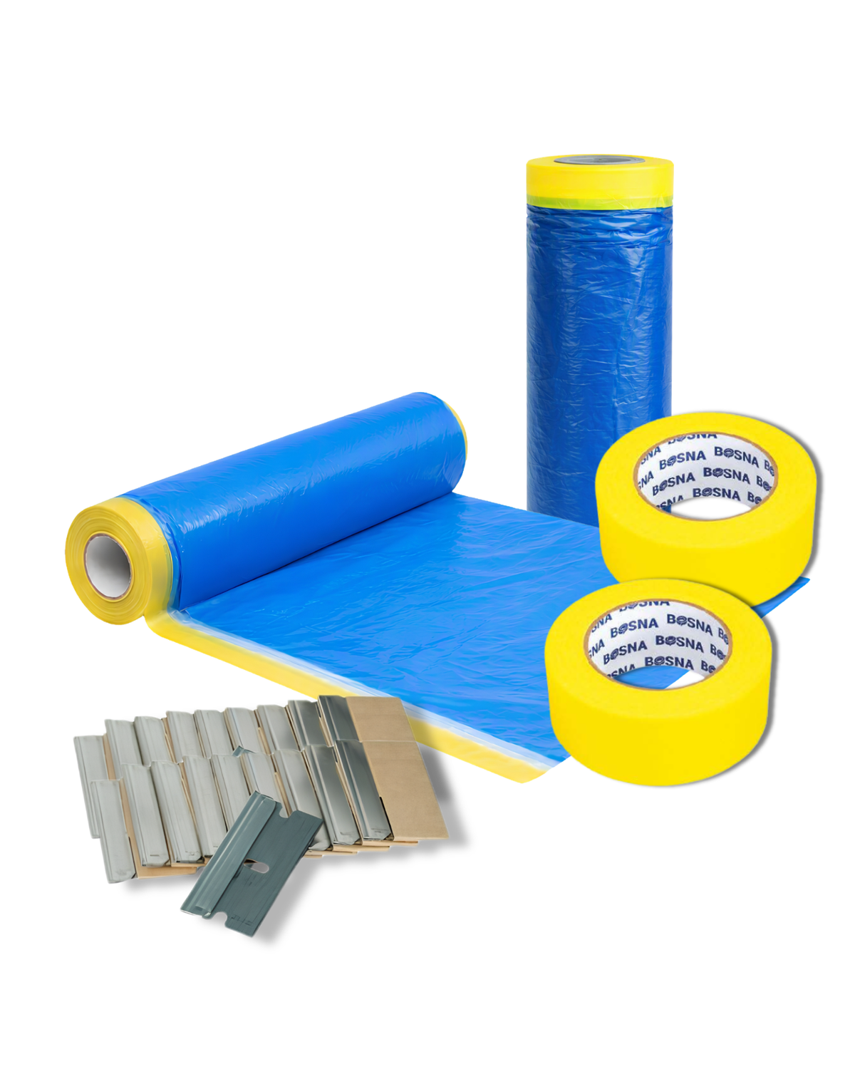 Blue and yellow protective film roll and tape rolls on a white background, with small metal sample pieces in front. The tape core and inner roll edges show the brand name 'BESINA'.