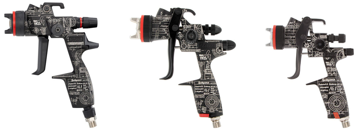 SATA 100 Years Special Edition 3-Spray Gun Case with Jet X, minijet 4400 B, Jet 100 B, and collector accessories.