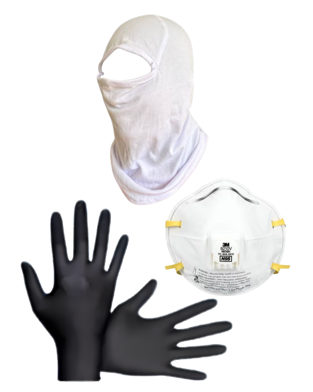 A three-piece personal protective gear set on a white background, including a white balaclava face mask, a white N95-style face mask with yellow straps, and a pair of black gloves.