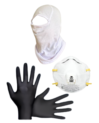 A three-piece personal protective gear set on a white background, including a white balaclava face mask, a white N95-style face mask with yellow straps, and a pair of black gloves.