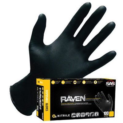 Raven 7 mil black nitrile disposable gloves – heavy-duty, powder-free gloves designed for automotive, industrial, and chemical handling tasks, offering superior puncture resistance and tactile sensitivity.