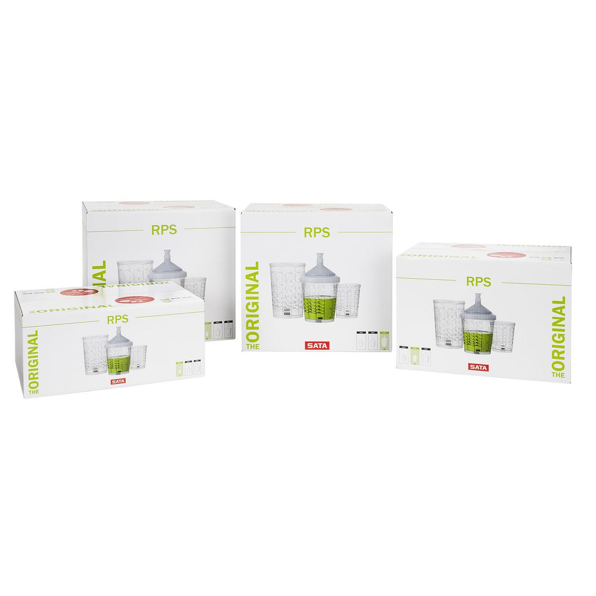 SATA RPS disposable cup systems featuring green cups with lids and filters.